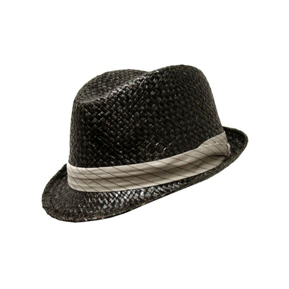 Black Woven Fedora Hat With Pinstriped Hat Band - Picture 8 of 9